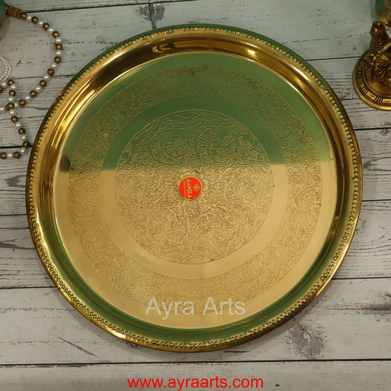 Brass Embossed Khomcha Plate Decorative Platter for Pooja Gifting & Festive Use