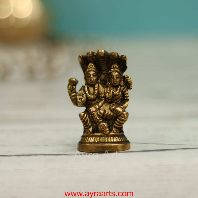 Brass Vishnu Narayan Sitting on Sheshnag with Lakshmi - 2 inch Height
