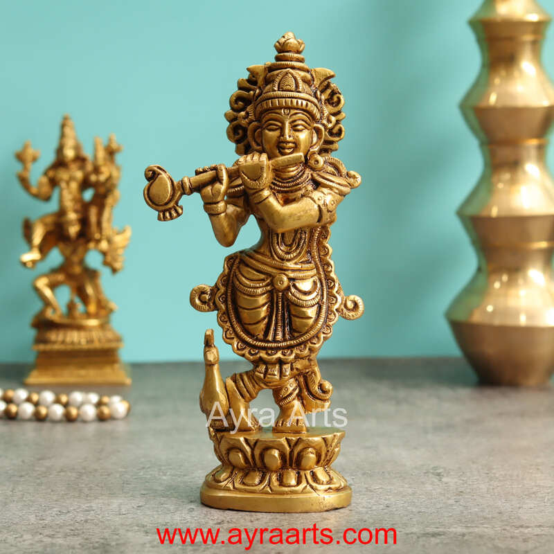 Brass Krishna Idol With Peacock - 7.5 Inch Height
