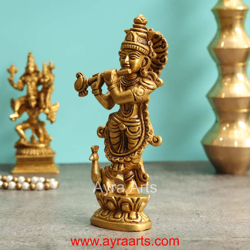 Brass Krishna Idol With Peacock - 7.5 Inch Height