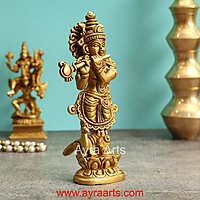 Brass Krishna Idol With Peacock - 7.5 Inch Height