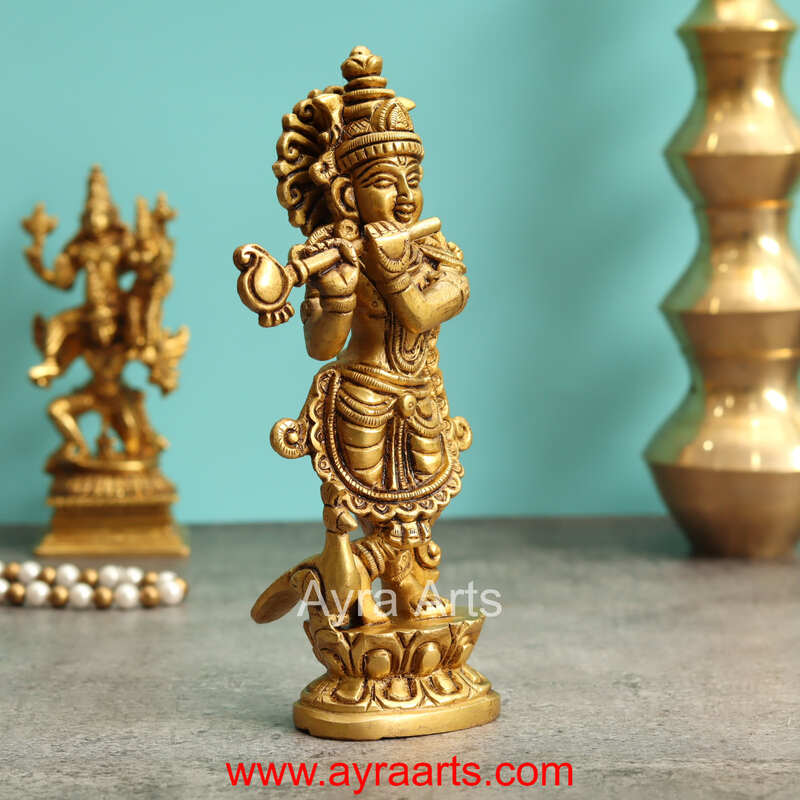 Brass Krishna Idol With Peacock - 7.5 Inch Height
