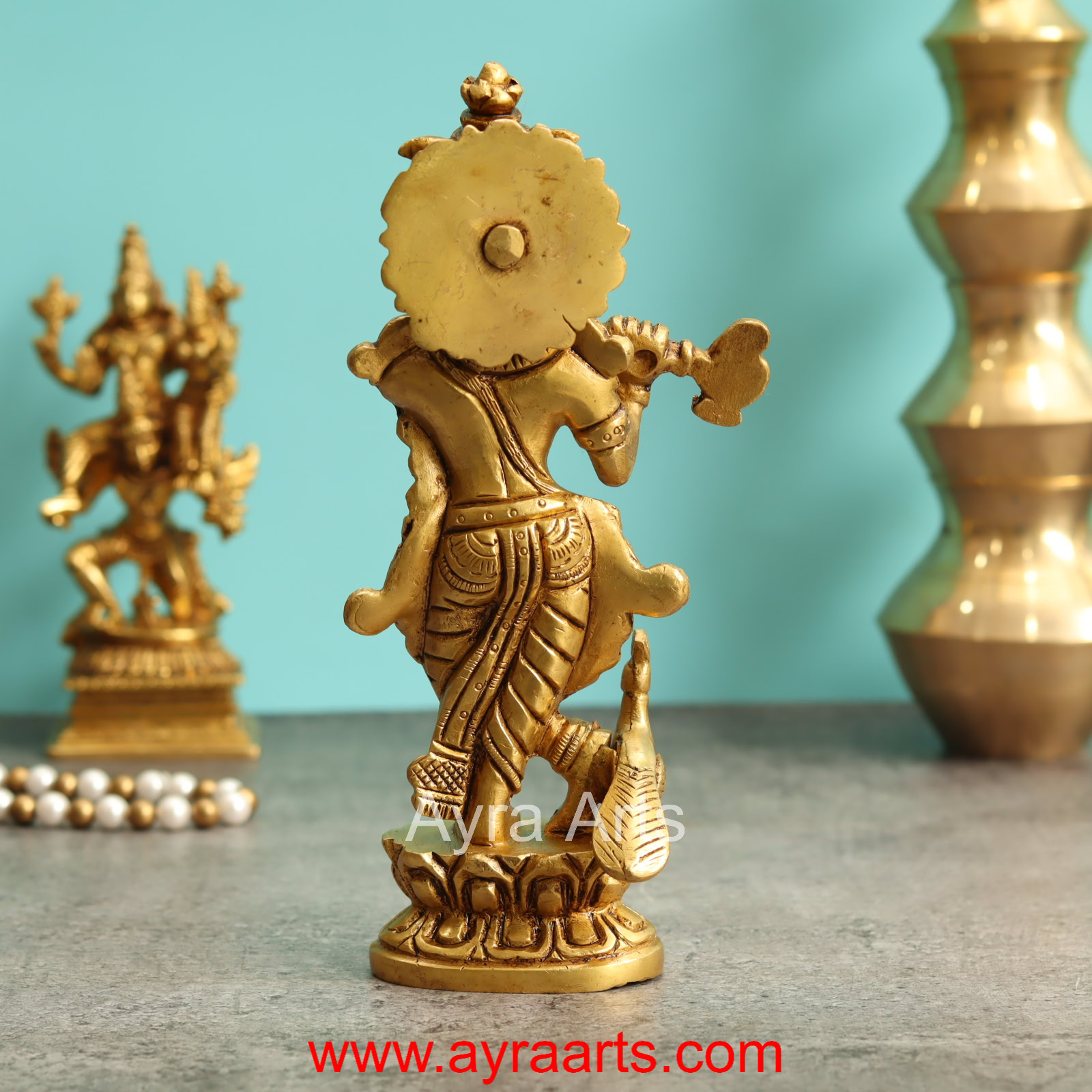 Brass Krishna Idol With Peacock - 7.5 Inch Height