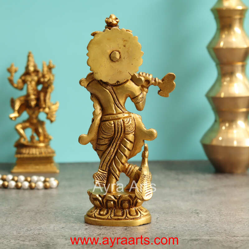 Brass Krishna Idol With Peacock - 7.5 Inch Height