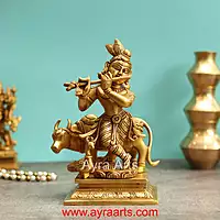 Vrindavan Beautiful Brass Krishna With Cow And Peacock - 8.5 Inch Height