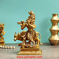 Vrindavan Beautiful Brass Krishna With Cow And Peacock - 8.5 Inch Height