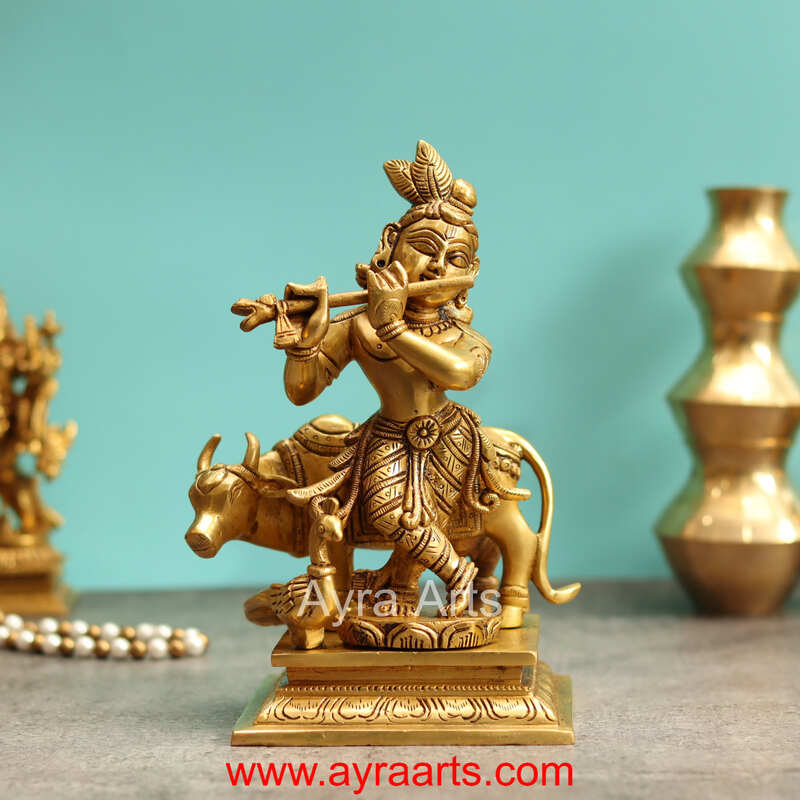 Vrindavan Beautiful Brass Krishna With Cow And Peacock - 8.5 Inch Height
