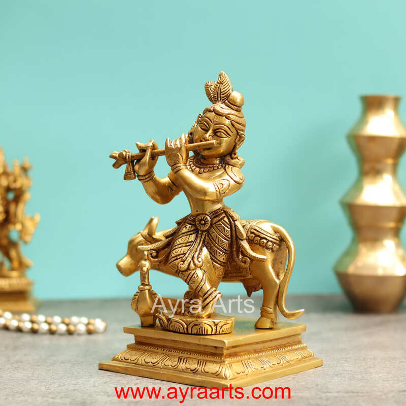 Vrindavan Beautiful Brass Krishna With Cow And Peacock - 8.5 Inch Height