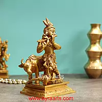 Vrindavan Beautiful Brass Krishna With Cow And Peacock - 8.5 Inch Height