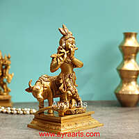 Vrindavan Beautiful Brass Krishna With Cow And Peacock - 8.5 Inch Height