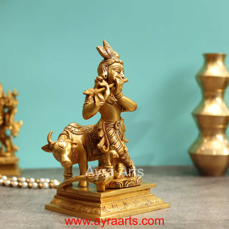 Vrindavan Beautiful Brass Krishna With Cow And Peacock - 8.5 Inch Height