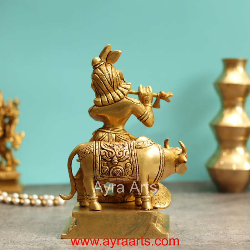 Vrindavan Beautiful Brass Krishna With Cow And Peacock - 8.5 Inch Height