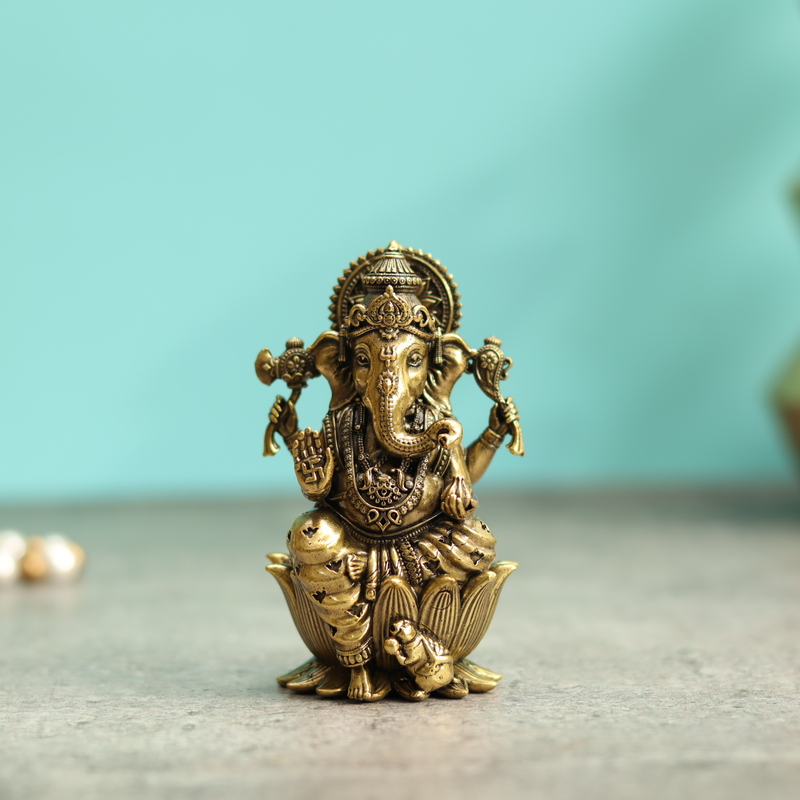 Premium Brass Lord Ganesha Idol sitting on Lotus Ganpati Murti Statue - 4 Inch Height