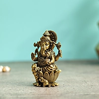 Premium Brass Lord Ganesha Idol sitting on Lotus Ganpati Murti Statue - 4 Inch Height