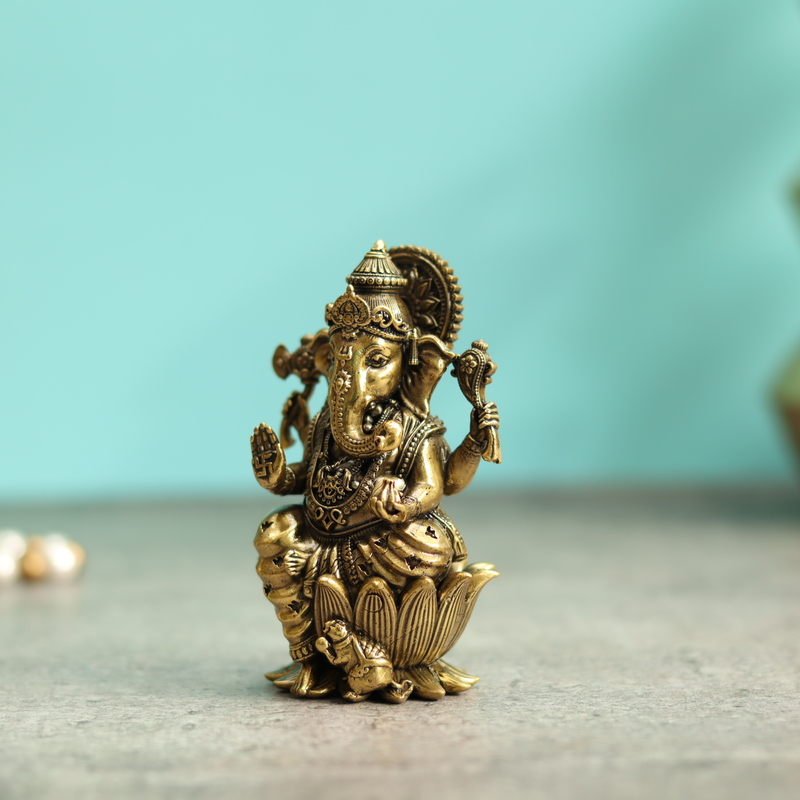 Premium Brass Lord Ganesha Idol sitting on Lotus Ganpati Murti Statue - 4 Inch Height