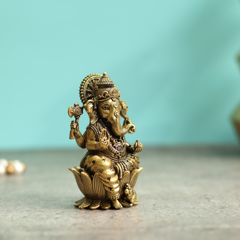 Premium Brass Lord Ganesha Idol sitting on Lotus Ganpati Murti Statue - 4 Inch Height
