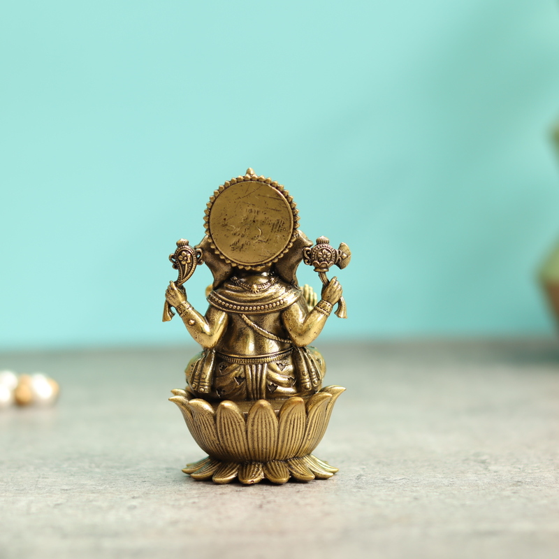 Premium Brass Lord Ganesha Idol sitting on Lotus Ganpati Murti Statue - 4 Inch Height