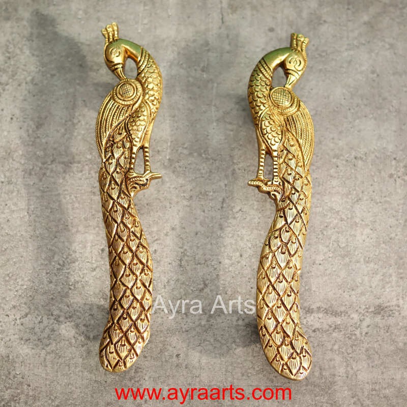 Peacock Door Handle Set for Main and Pooja Door - 9.5 Inch Height