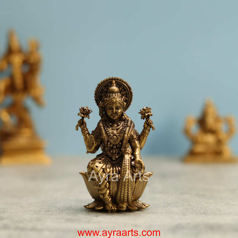 Premium Brass Goddess Dhana Lakshmi Idol sitting on Lotus - 4 Inch Height