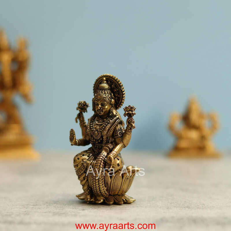 Premium Brass Goddess Dhana Lakshmi Idol sitting on Lotus - 4 Inch Height