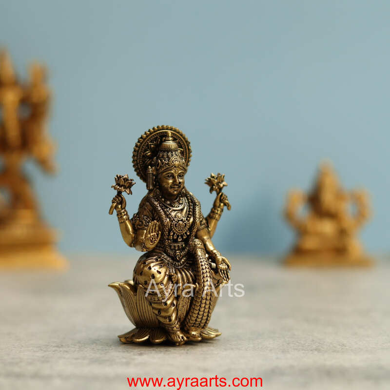 Premium Brass Goddess Dhana Lakshmi Idol sitting on Lotus - 4 Inch Height