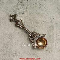 Premium Brass Hawan Spoon Achmani Spoon with chakra Design for Hawan Kund and Ghee Pooja Rituals - 6.5 Inch Length