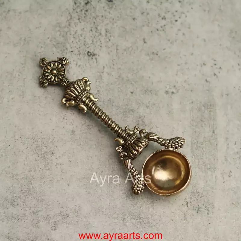 Premium Brass Hawan Spoon Achmani Spoon with chakra Design for Hawan Kund and Ghee Pooja Rituals - 6.5 Inch Length