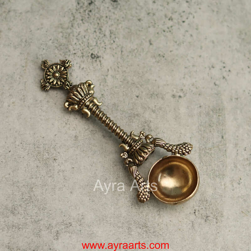 Premium Brass Hawan Spoon Achmani Spoon with chakra Design for Hawan Kund and Ghee Pooja Rituals - 6.5 Inch Length
