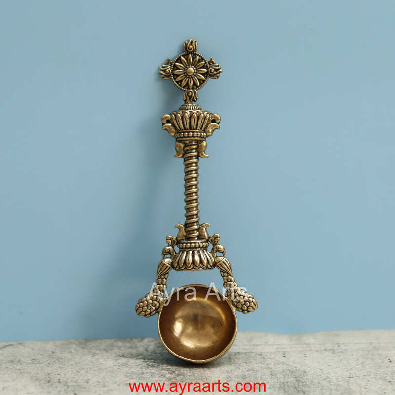 Premium Brass Hawan Spoon Achmani Spoon with chakra Design for Hawan Kund and Ghee Pooja Rituals - 6.5 Inch Length