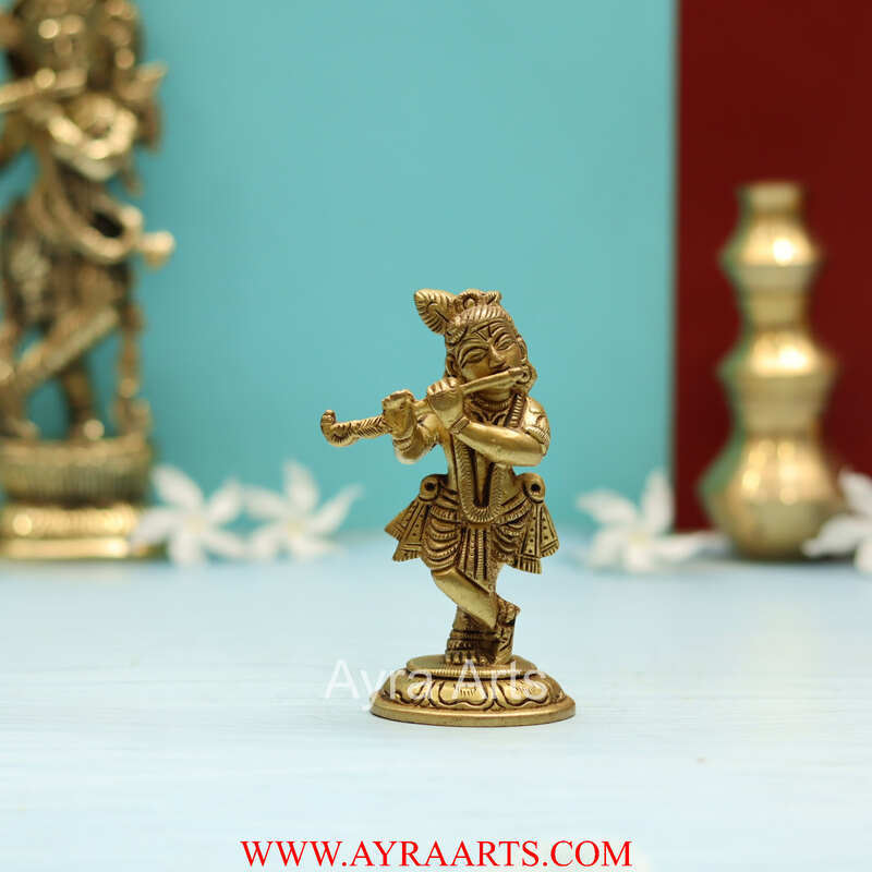 Brass Superfine Small Standing Bal Krishna Idol Playing Flute - 4.5 Inch Height