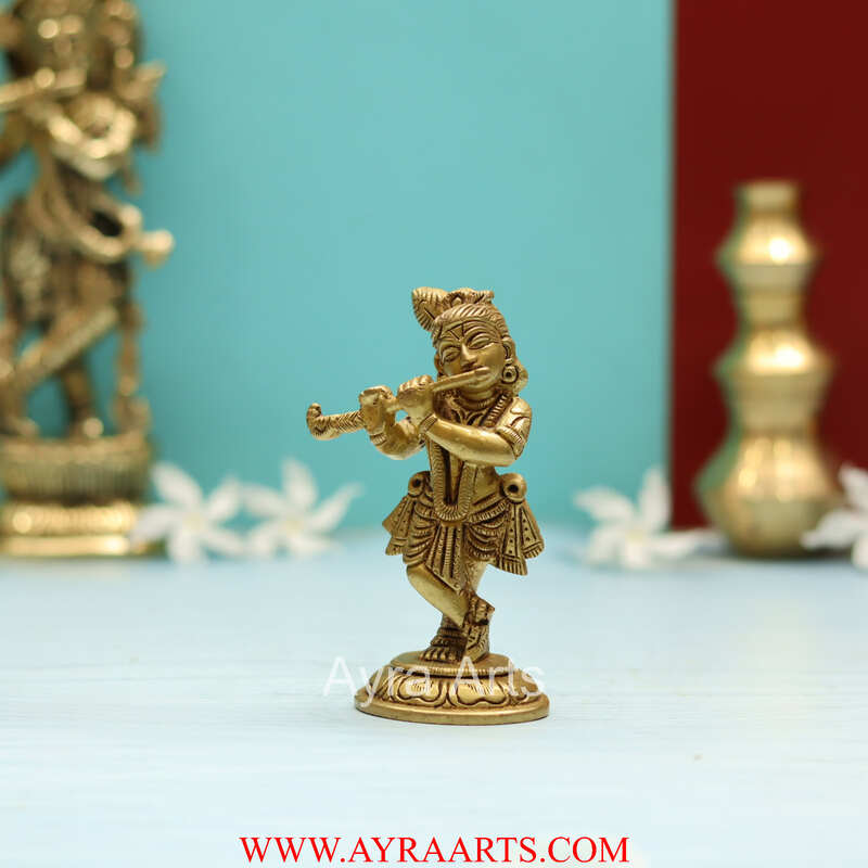 Brass Superfine Small Standing Bal Krishna Idol Playing Flute - 4.5 Inch Height