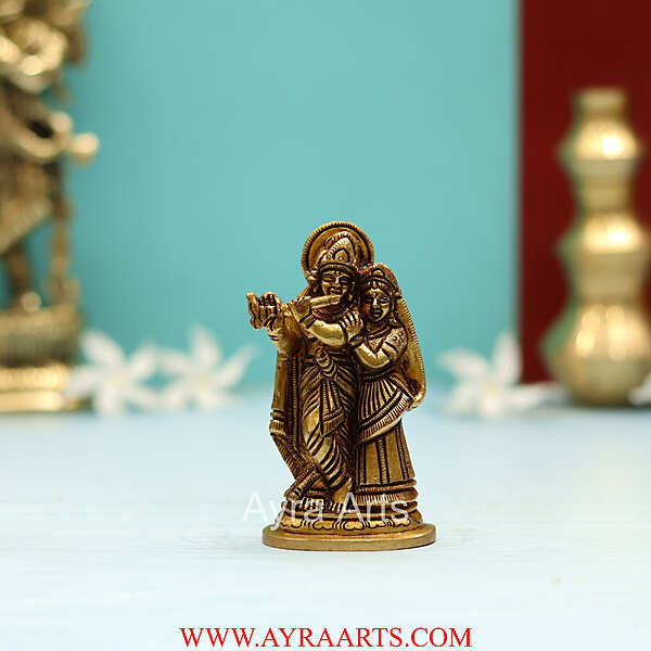 100% Pure Brass Radha Krishna Statue for Pooja Room and Home Decor - 4 Inch Height