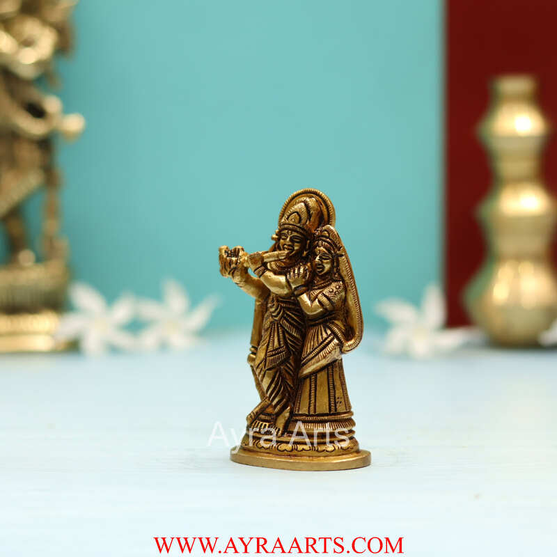100% Pure Brass Radha Krishna Statue for Pooja Room and Home Decor - 4 Inch Height