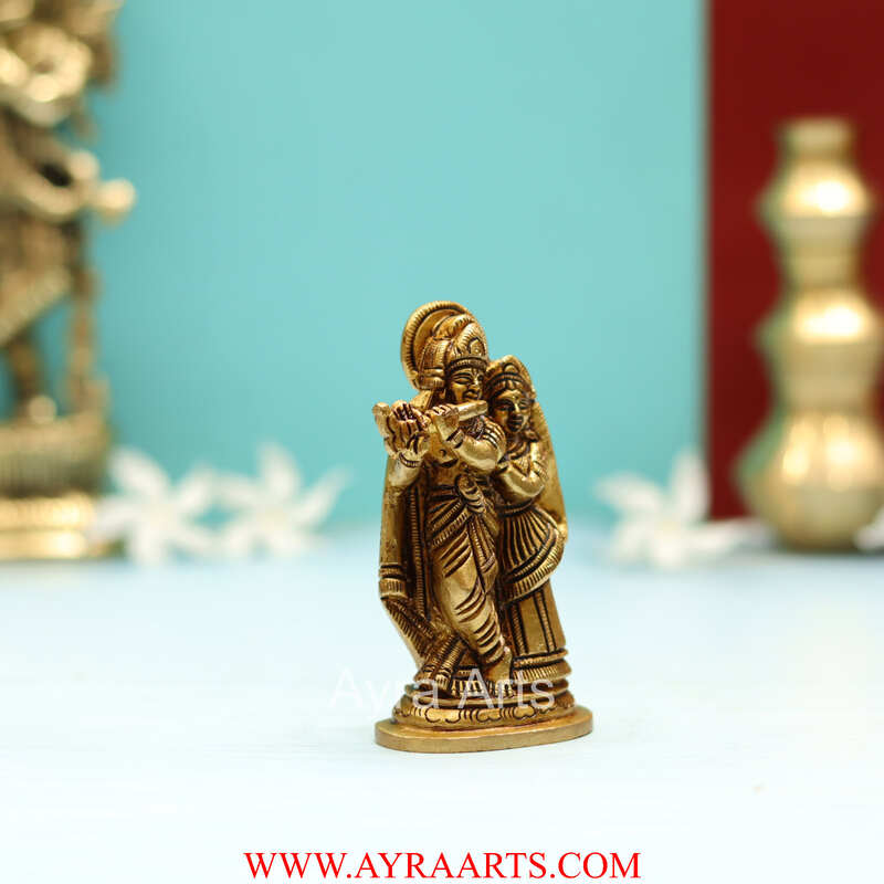 100% Pure Brass Radha Krishna Statue for Pooja Room and Home Decor - 4 Inch Height