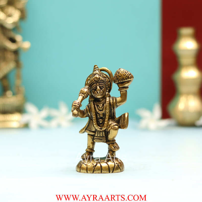 Handmade Brass Hanuman Statue Lifting Sanjeevani Booti Mountain - 4 Inch Height