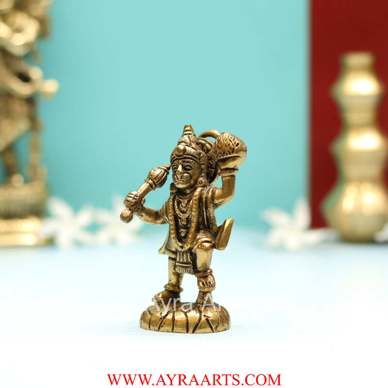 Handmade Brass Hanuman Statue Lifting Sanjeevani Booti Mountain - 4 Inch Height