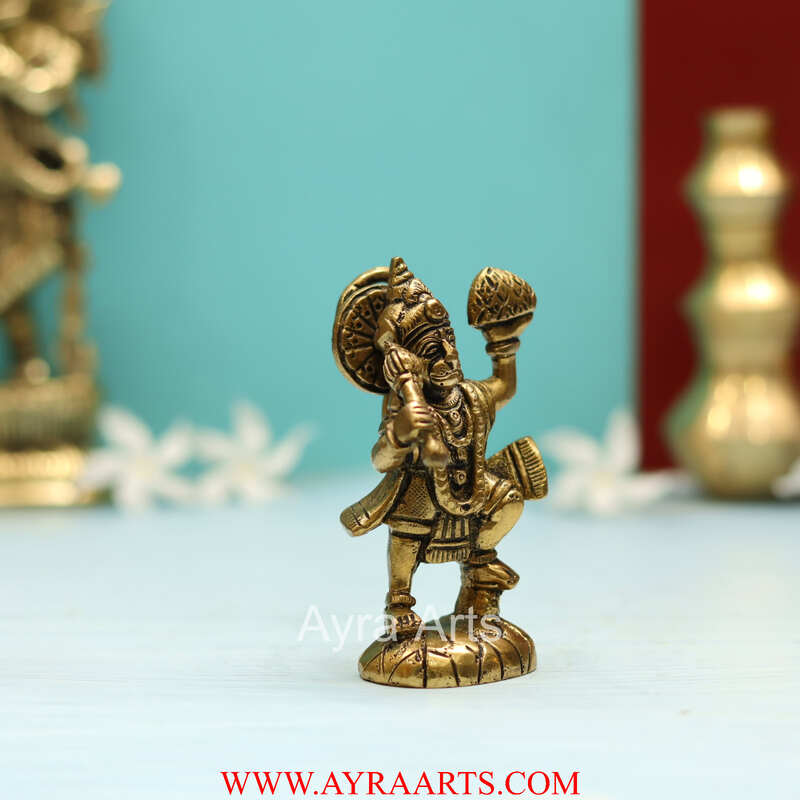 Handmade Brass Hanuman Statue Lifting Sanjeevani Booti Mountain - 4 Inch Height