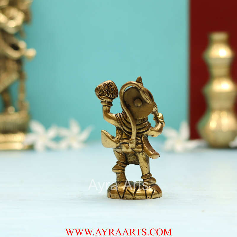 Handmade Brass Hanuman Statue Lifting Sanjeevani Booti Mountain - 4 Inch Height