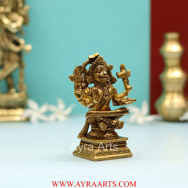 Brass Yoganjaneya Yoga Hanuman Idol for Strength, Devotion & Home Pooja Room - 4.5 Inch Height