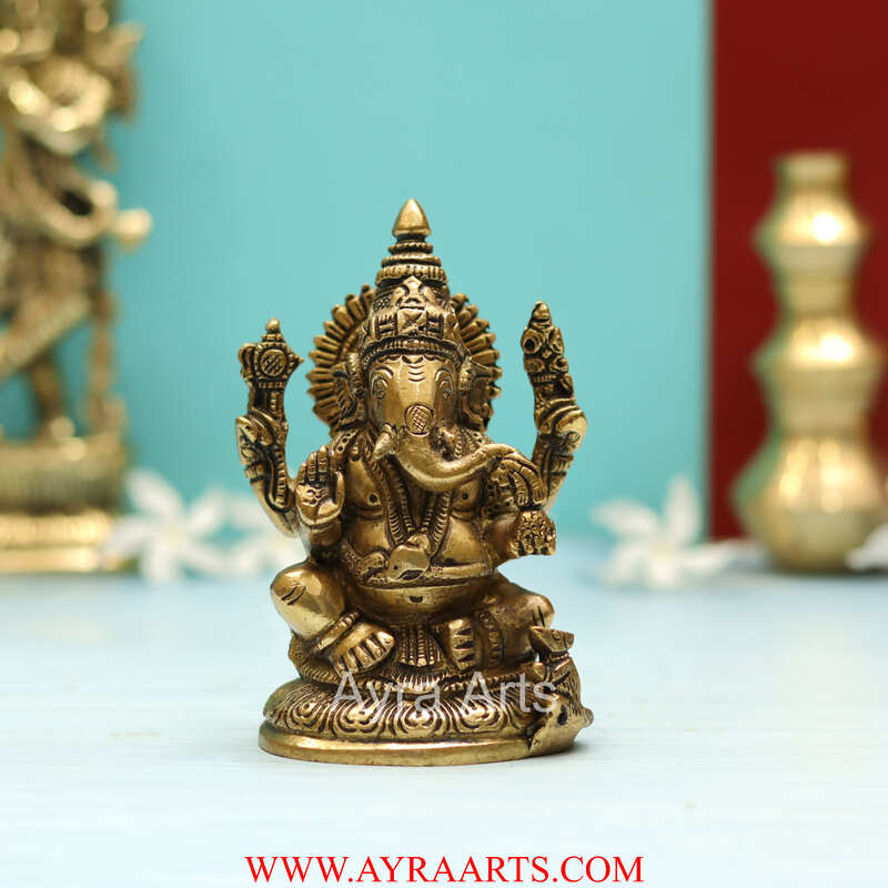 Brass Lord Ganesha Idol Ganpati Murti Statue for Home Pooja - 5 Inch Height