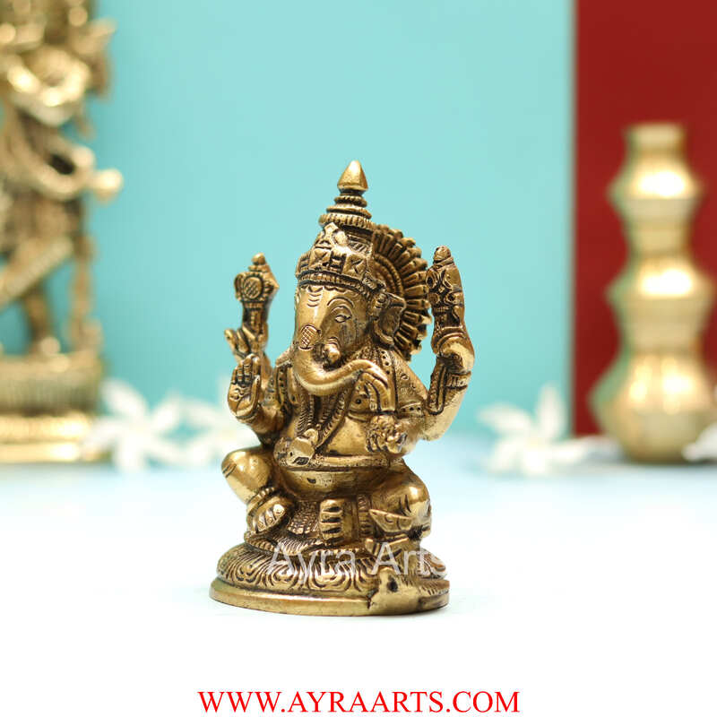 Brass Lord Ganesha Idol Ganpati Murti Statue for Home Pooja - 5 Inch Height