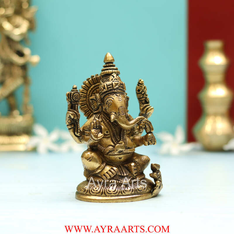 Brass Lord Ganesha Idol Ganpati Murti Statue for Home Pooja - 5 Inch Height