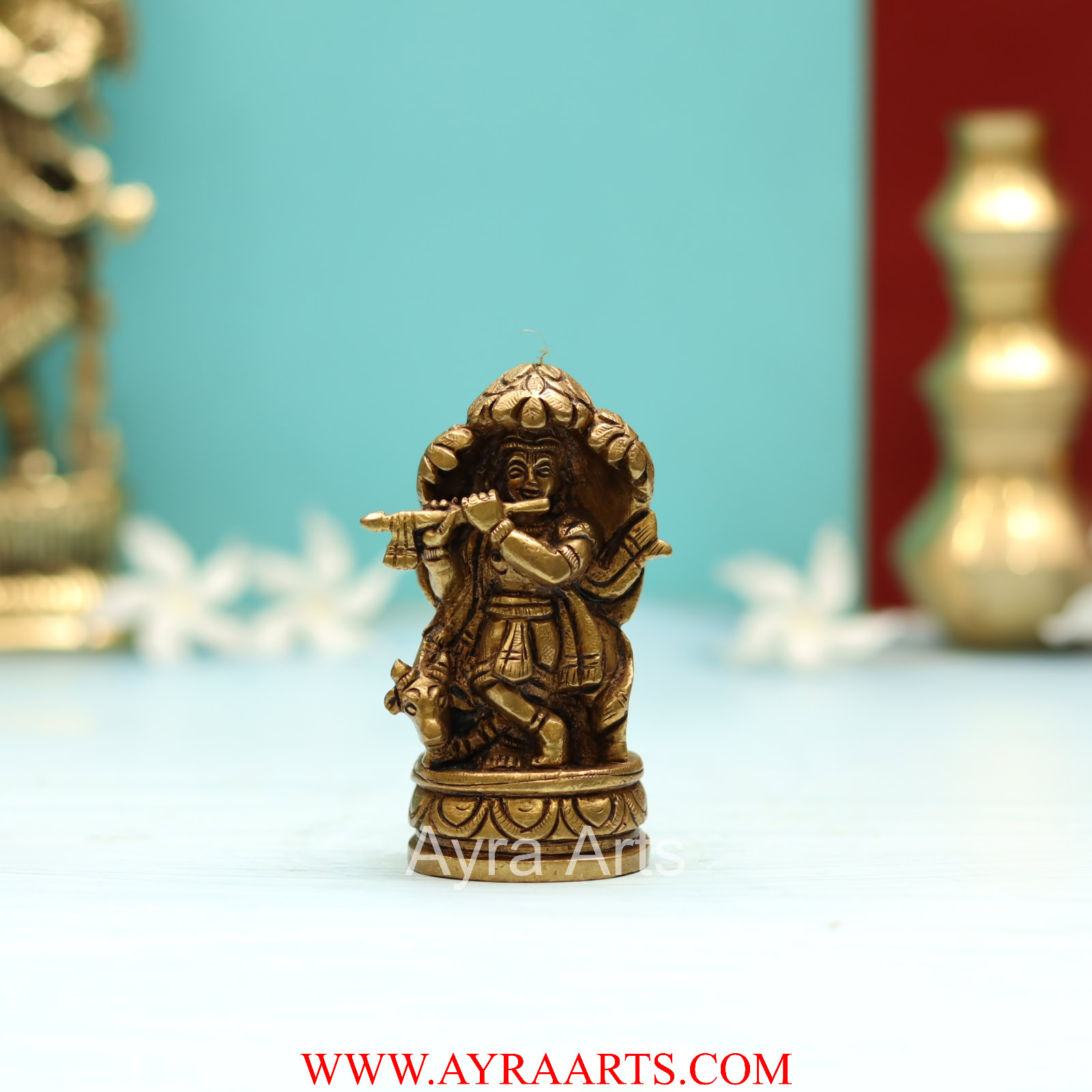 Brass Lord Krishna Idol Standing Beneath Tree with Flute and Cow - 3.5 Inch Height