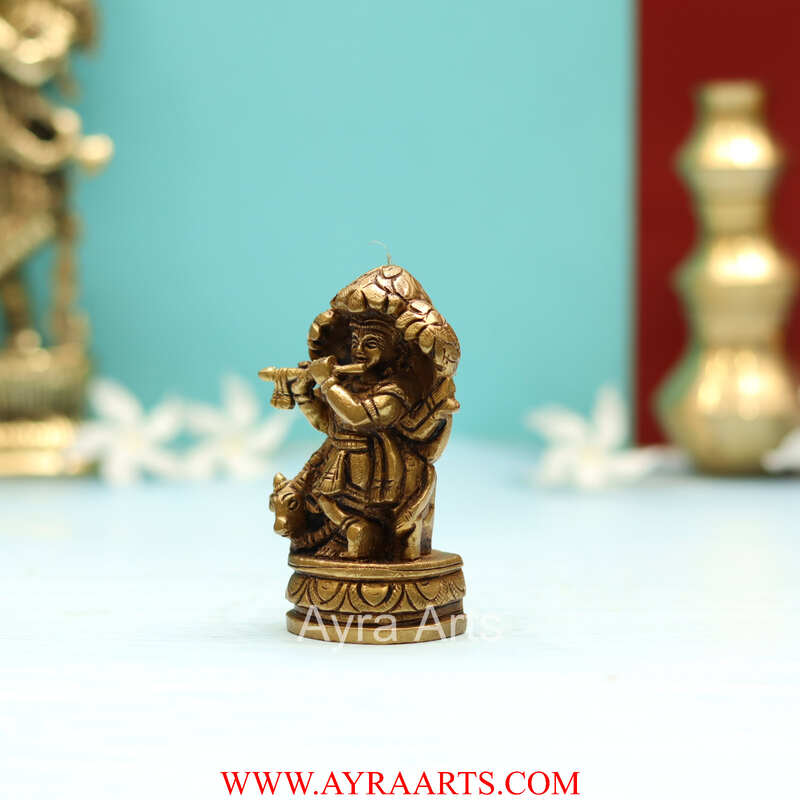Brass Lord Krishna Idol Standing Beneath Tree with Flute and Cow - 3.5 Inch Height