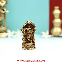 Brass Lord Krishna Idol Standing Beneath Tree with Flute and Cow - 3.5 Inch Height