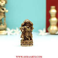 Brass Lord Krishna Idol Standing Beneath Tree with Flute and Cow - 3.5 Inch Height