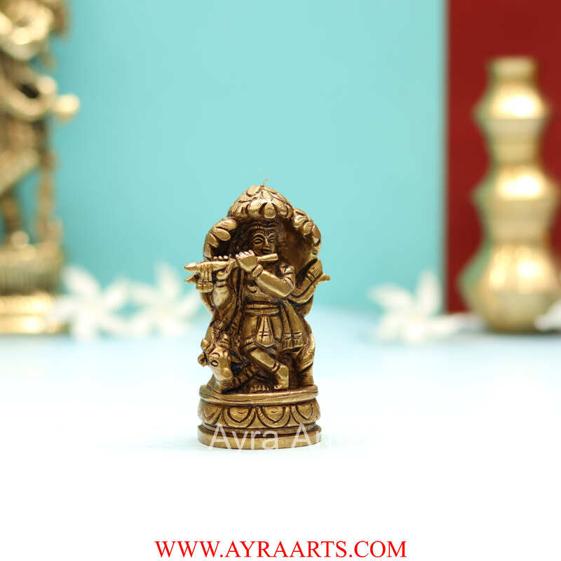 Brass Lord Krishna Idol Standing Beneath Tree with Flute and Cow - 3.5 Inch Height