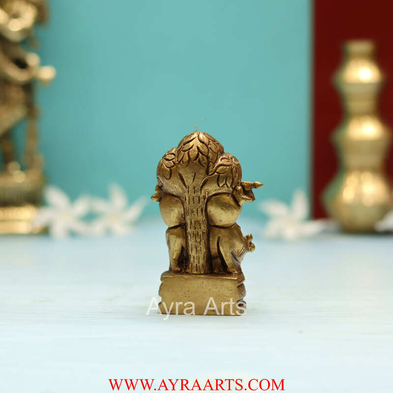 Brass Lord Krishna Idol Standing Beneath Tree with Flute and Cow - 3.5 Inch Height
