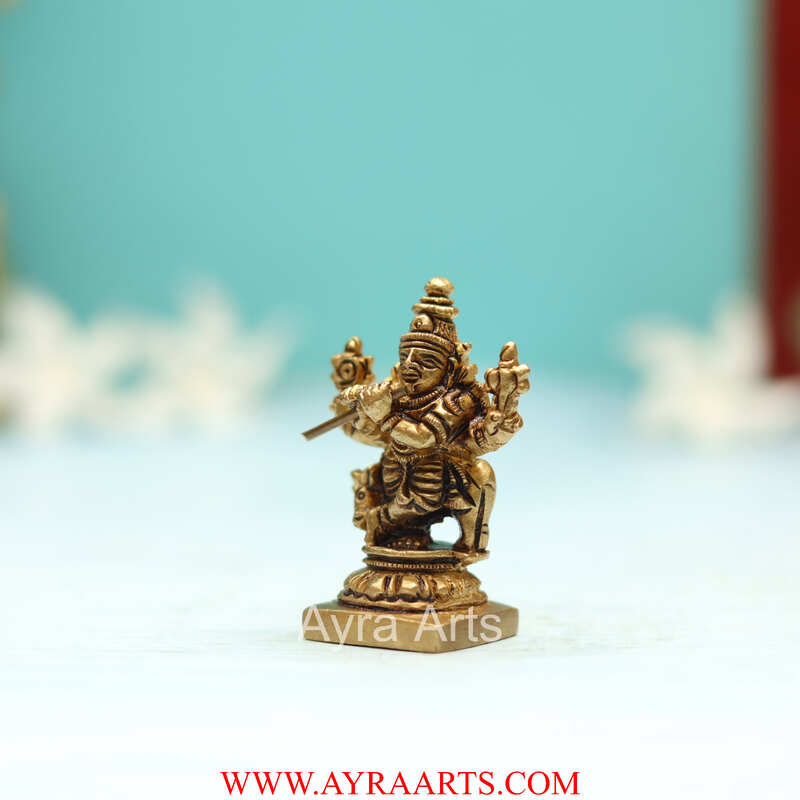 Brass Superfine Small Krishna with Cow Idol - 2 Inch Height