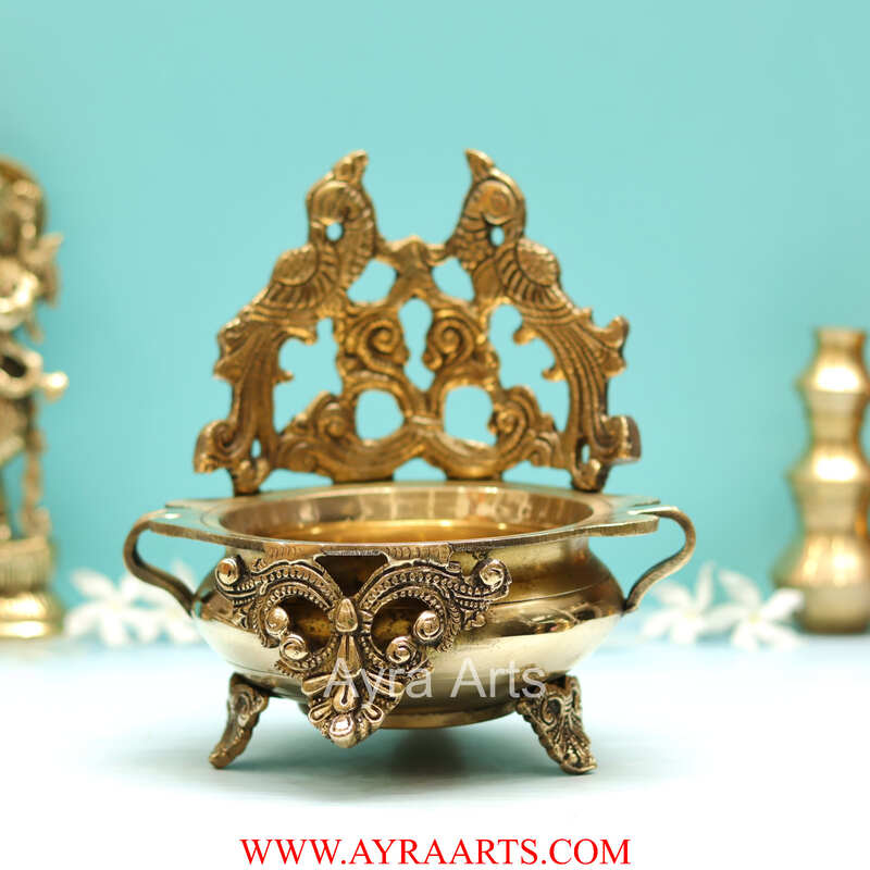 Brass Peacock Design Urli Decorative Bowl - 8 inch Height | Exquisite Brass Urli Decorative Bowl with Peacock Design for Grand Decor